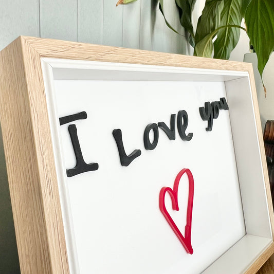I love you with heart hand drawn artwork in frame