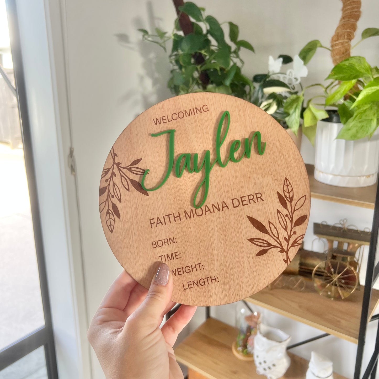 Birth announcement with acrylic name