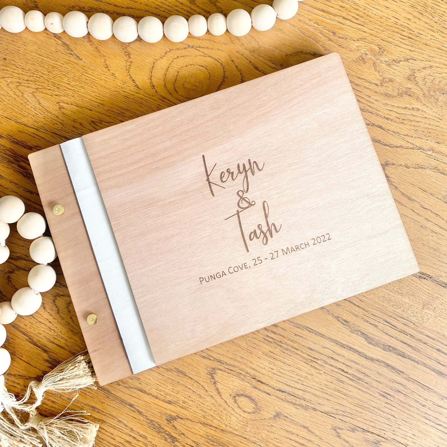 Wooden guest book, with faux leather