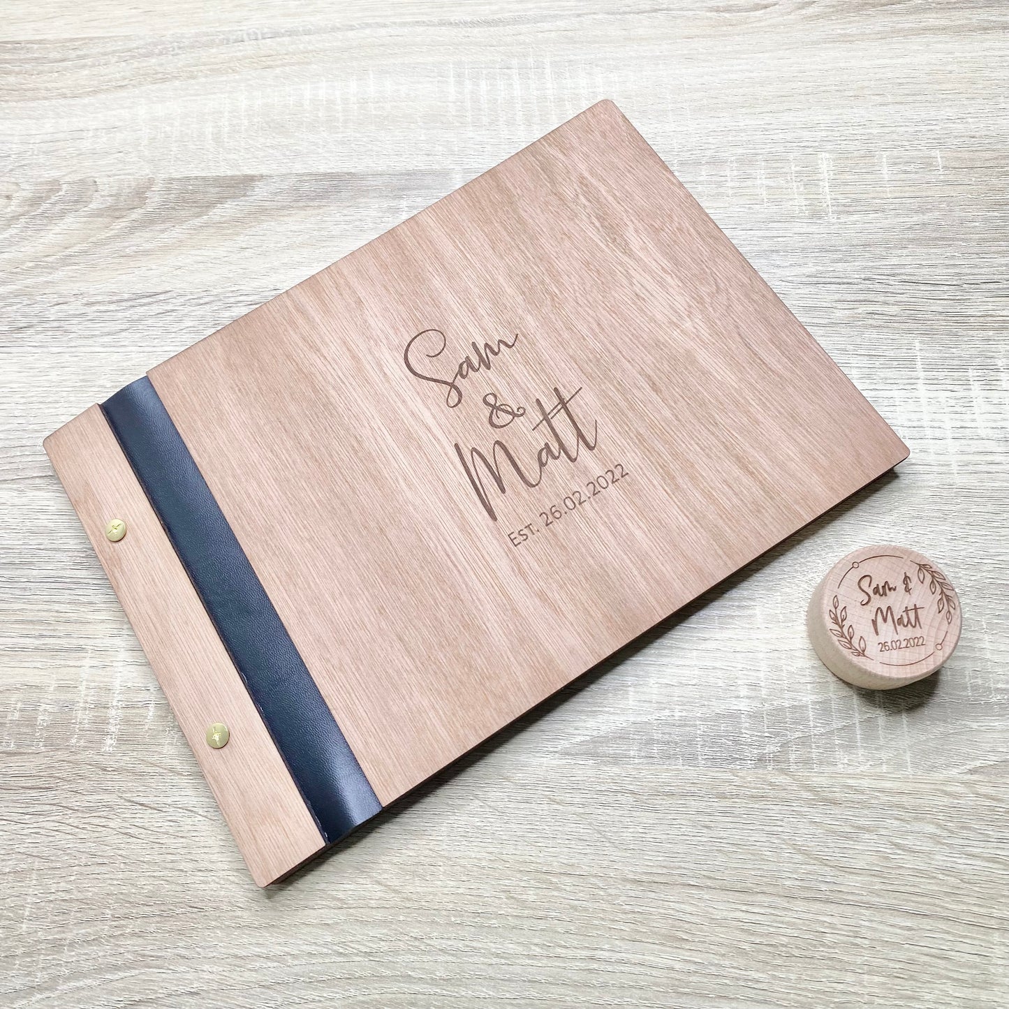 Wooden guest book, with faux leather