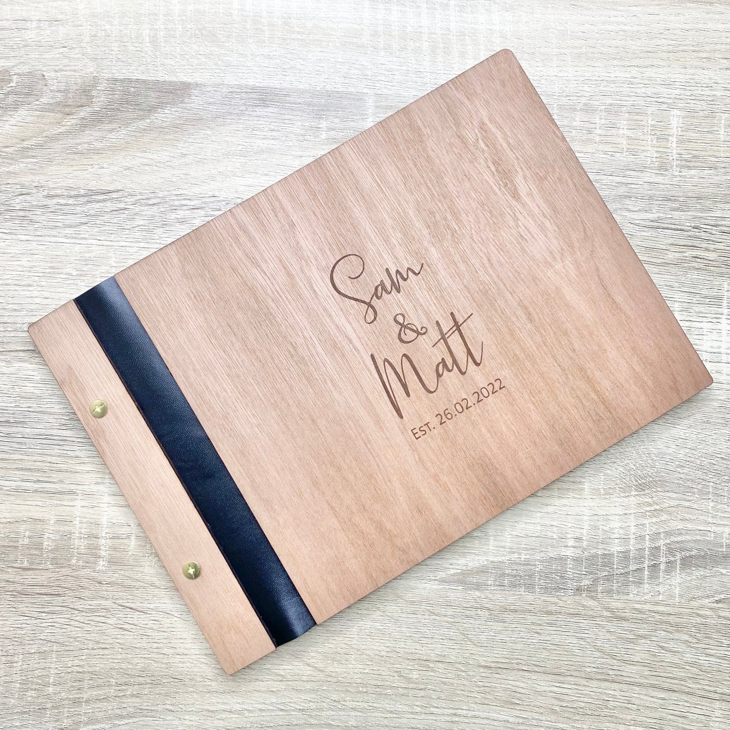 Wooden guest book, with faux leather