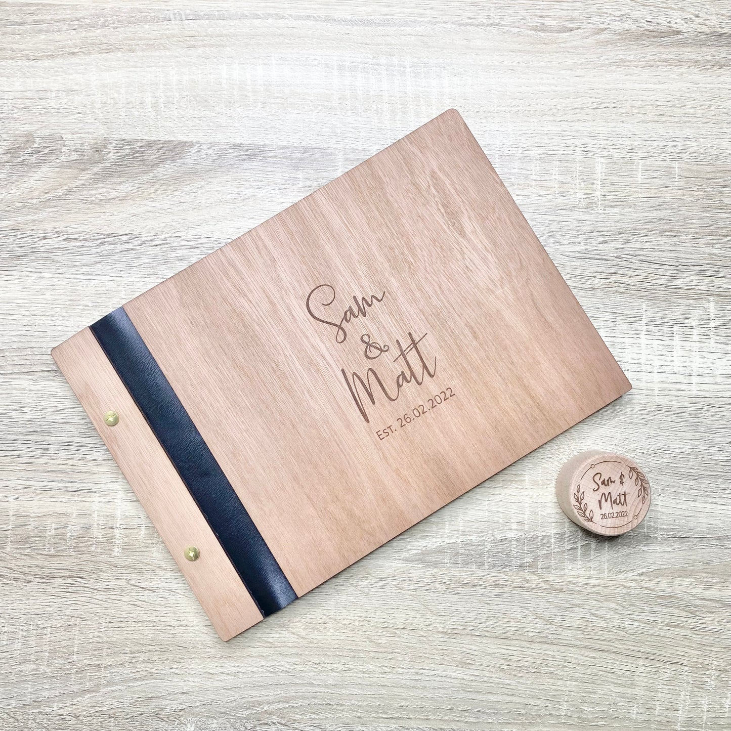 Wooden guest book, with faux leather