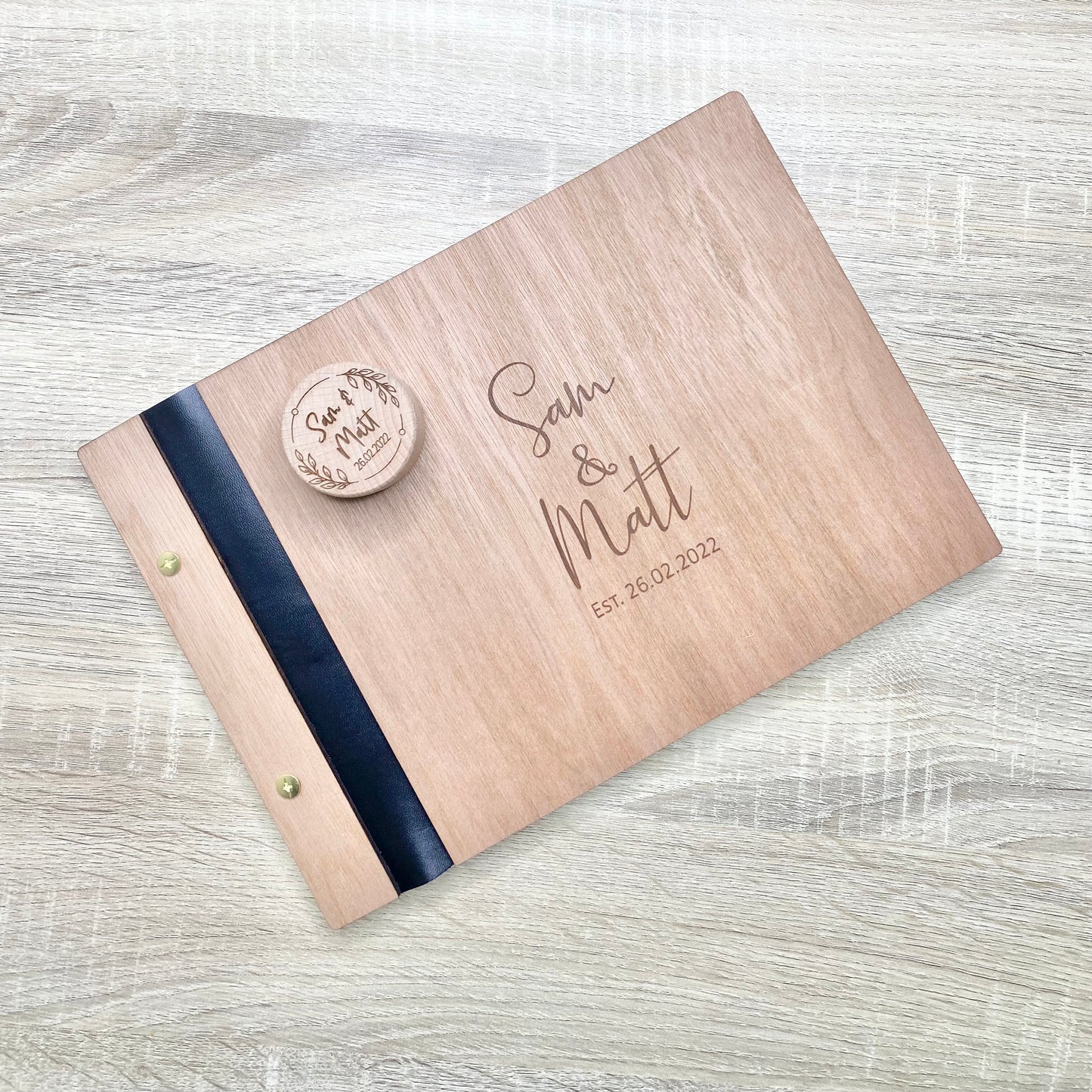 Wooden guest book, with faux leather