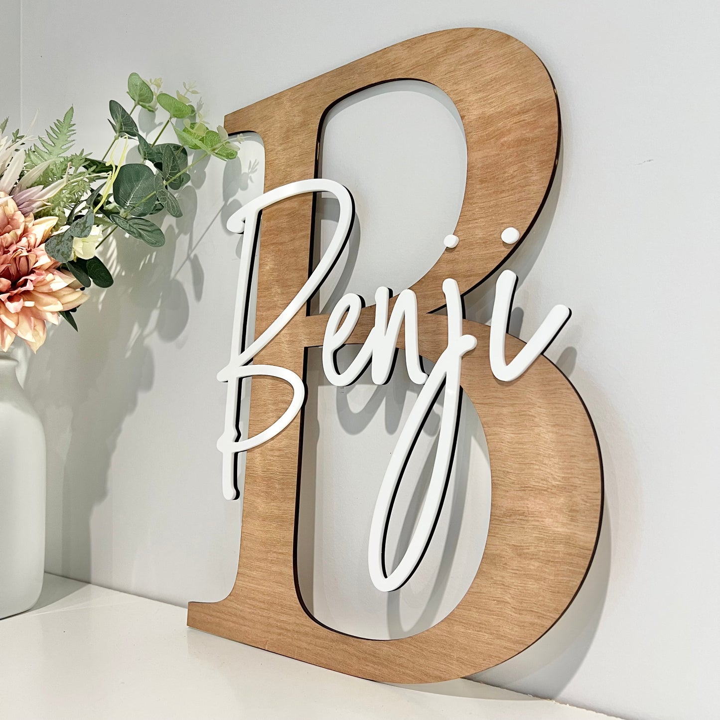 Letter name plaque in wood with acrylic