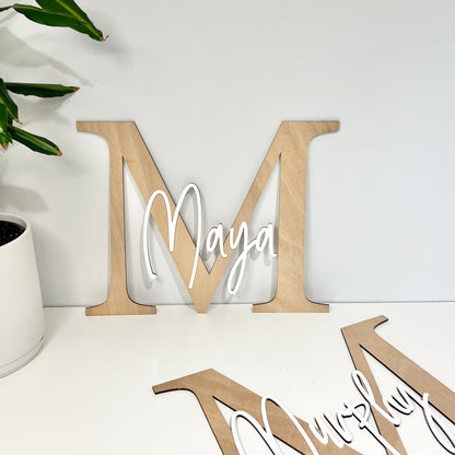 Letter name plaque in wood with acrylic