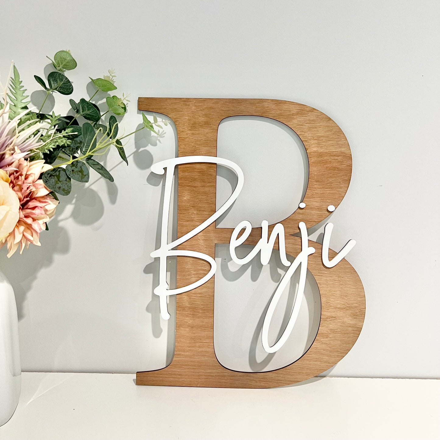 Letter name plaque in wood with acrylic