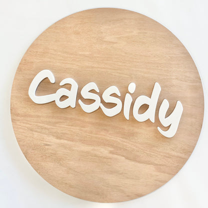 Round name plaque in wood with acrylic 400mm