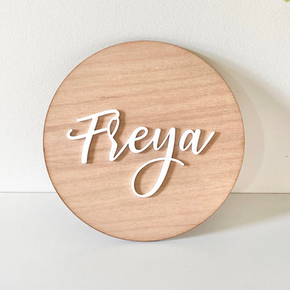Round name plaque in wood with acrylic 200mm