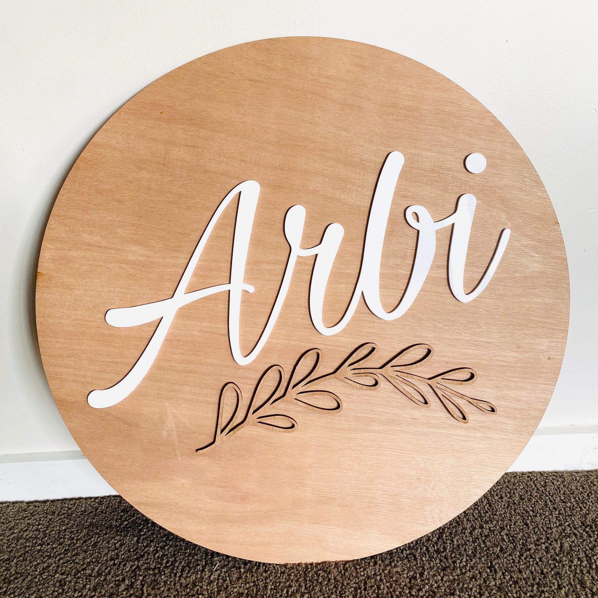 Round name plaque in wood with acrylic 200mm - Younique Collective