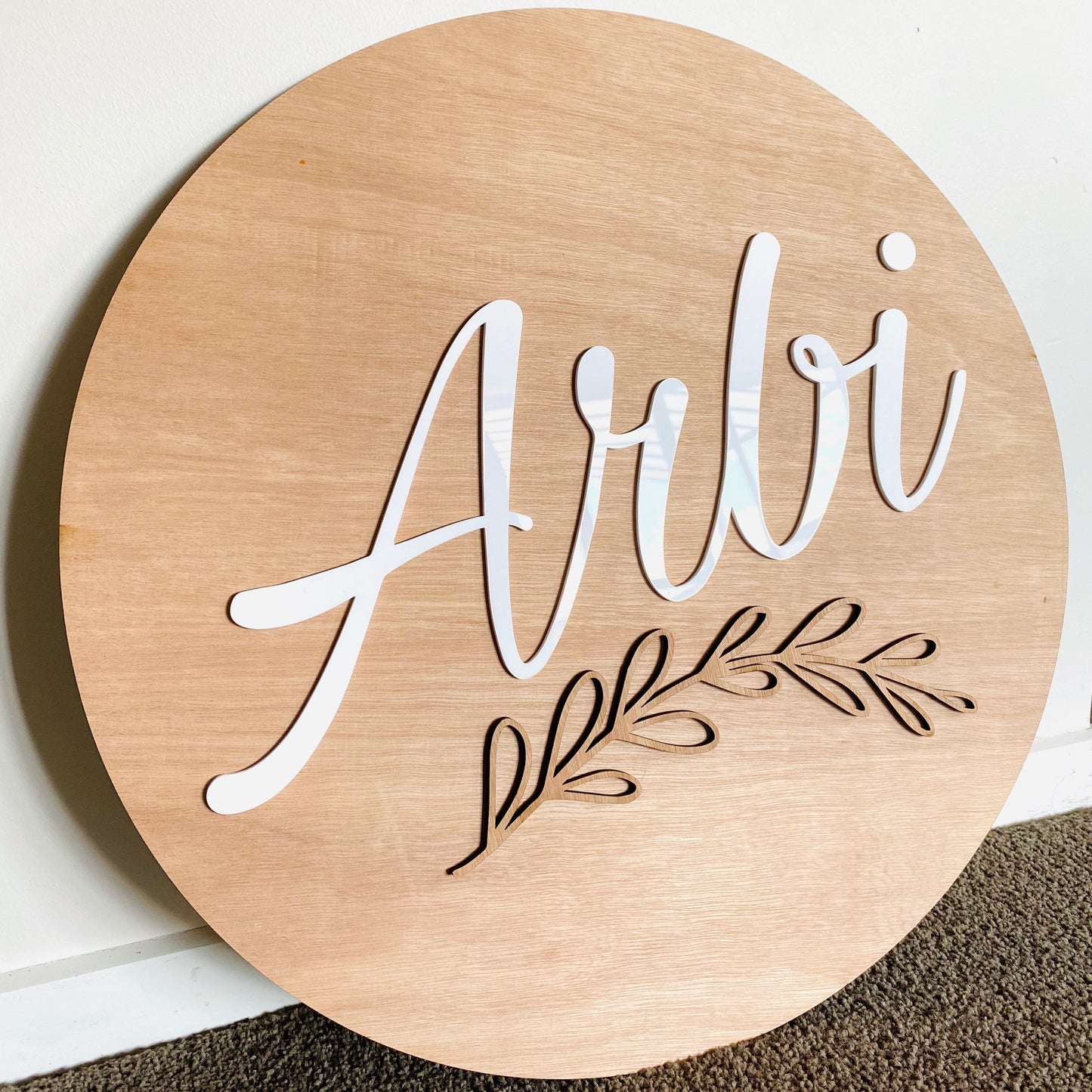 Round name plaque in wood with acrylic 600mm - Younique Collective