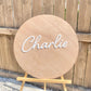 Round name plaque in wood with acrylic 600mm