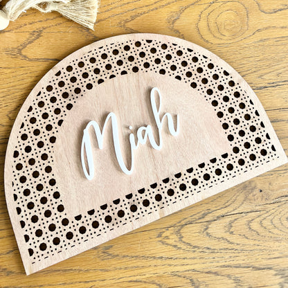 Arch rattan name plaque in wood with acrylic