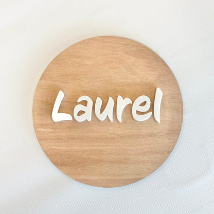 Round name plaque in wood with acrylic 400mm